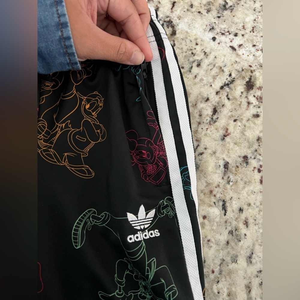 Adidas Black Track Pants with Colorful Cartoon Mickey Graphics Disney - Picture 4 of 7